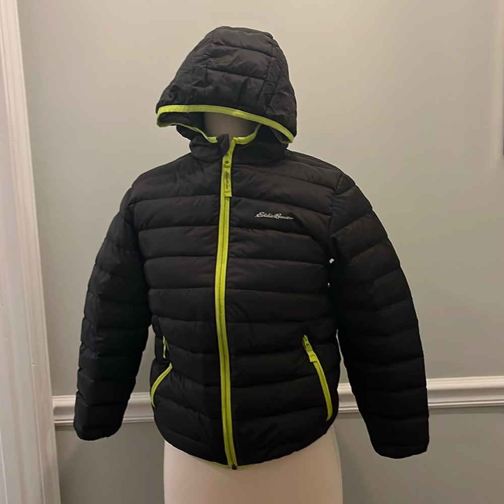 Women’s Eddie Bauer, black puffer jacket and size extra small.